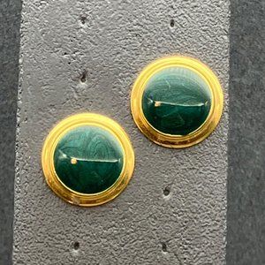 Round Pierced Earrings As Is Emerald Green Enamel Gold Edge Swirl Sparkly Retro